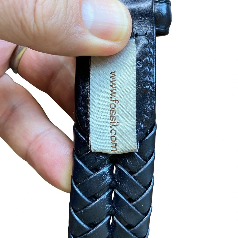 Fossil Mens Black Braided Woven Leather Belt Silver Buckle MB3040001 Size 40